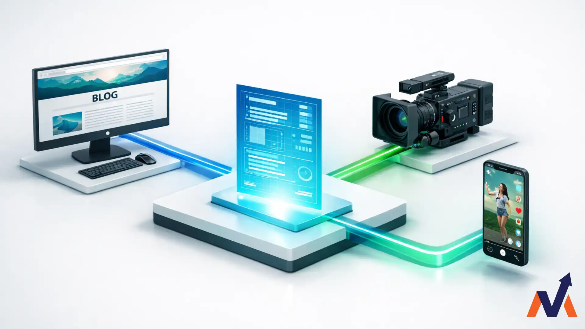 3D illustration of a multimodal content brief connecting a central document to a desktop blog, video camera, and smartphone for social shorts. 3D illustration of a multimodal content brief connecting a central document to a desktop blog, video camera, and smartphone for social shorts.