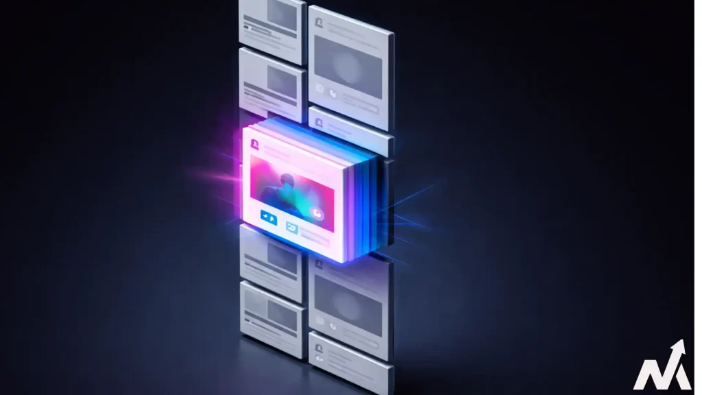 A 3D illustration showing a vibrant visual pattern interrupt popping out of a generic gray social media feed, representing a strong micro-hook design.