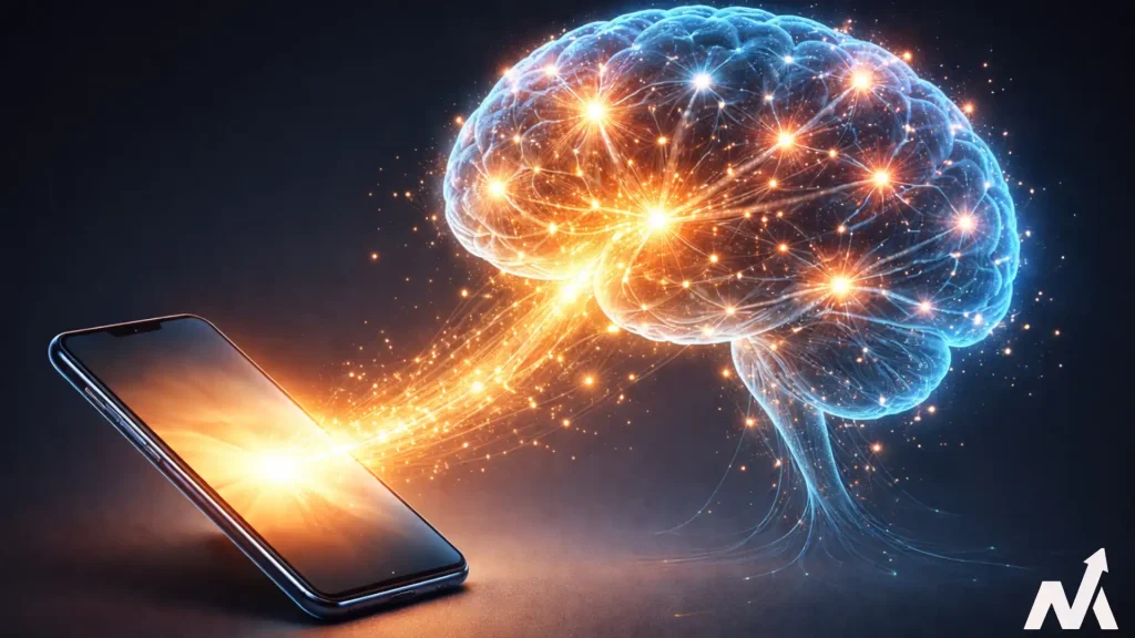 An abstract digital illustration of a human brain lighting up in response to smartphone content, depicting the psychological dopamine payoff in marketing.