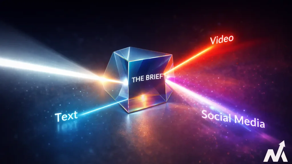 Abstract 3D render of a content brief prism turning a single content idea into video, text, and social media assets simultaneously.