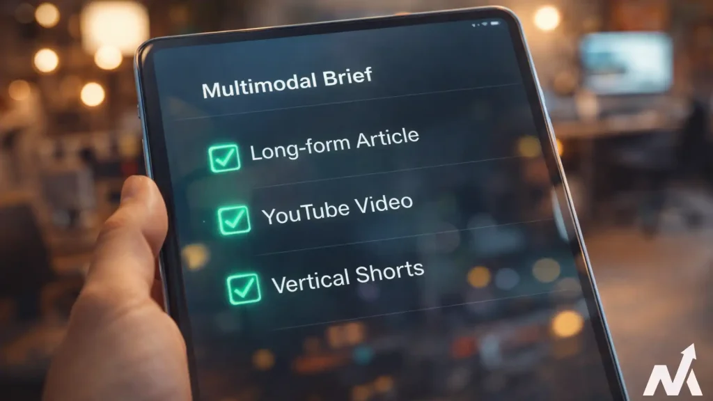 Close-up of a digital checklist on a tablet showing core components of a multimodal brief, including long-form articles, YouTube videos, and vertical shorts.