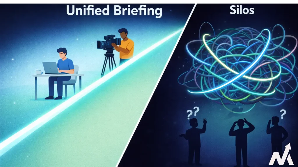 Split screen graphic comparing chaotic marketing silos with an efficient, unified multimodal briefing workflow.