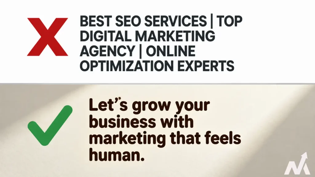 Example of keyword-stuffed headline marked incorrect versus natural conversational headline marked correct