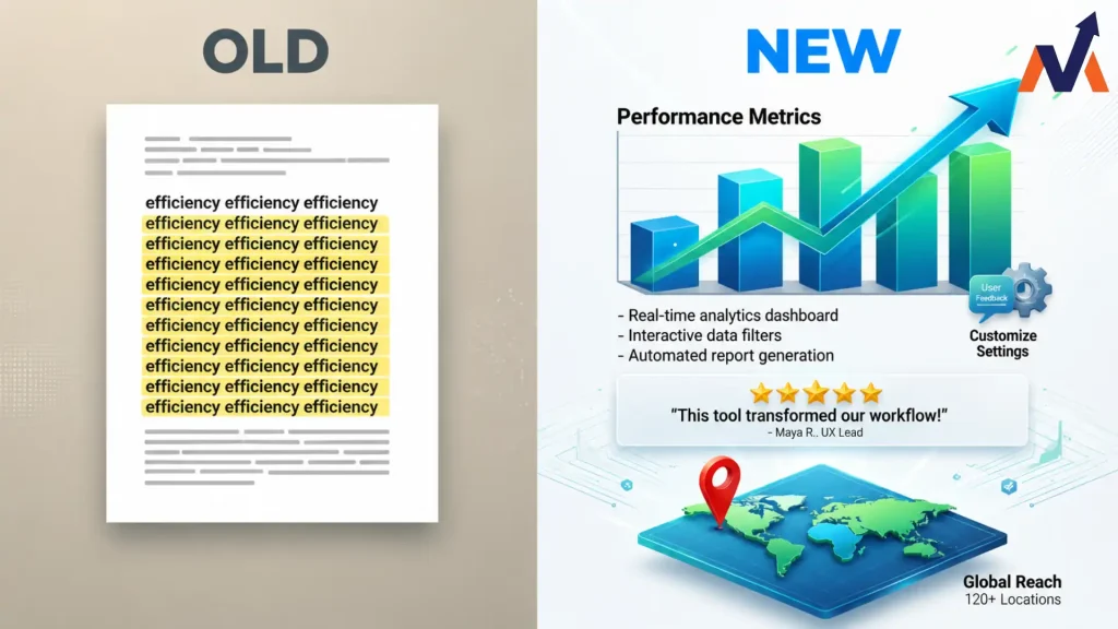 Table comparing old SEO approach focused on keywords versus modern SEO focused on user intent and helpful content