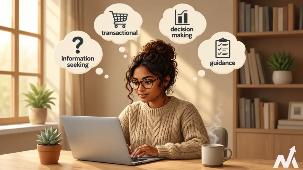 Content creator considering different user search intents including informational, transactional, and navigational queries