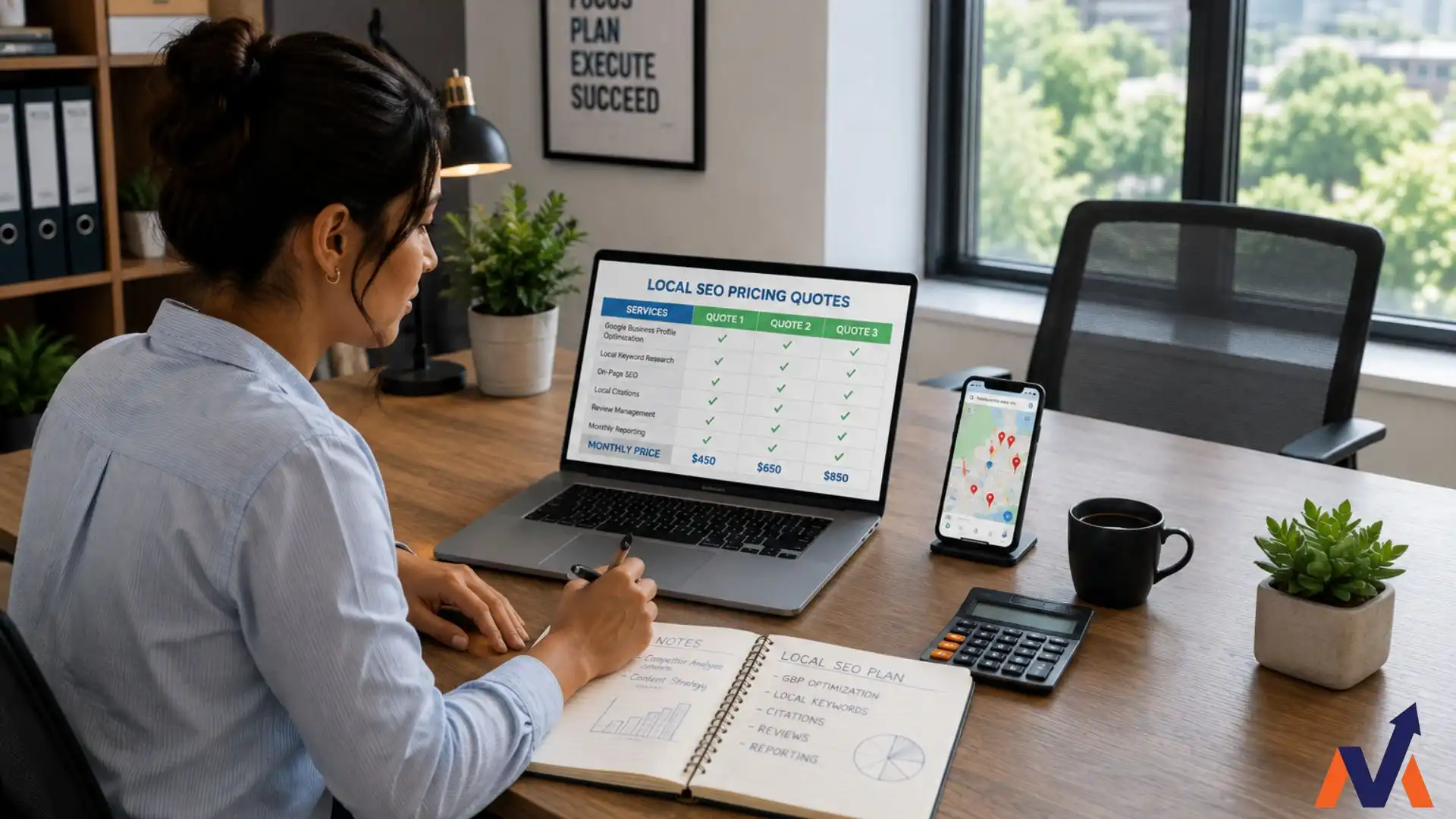 Business owner reviewing local SEO pricing and local search visibility on a laptop.